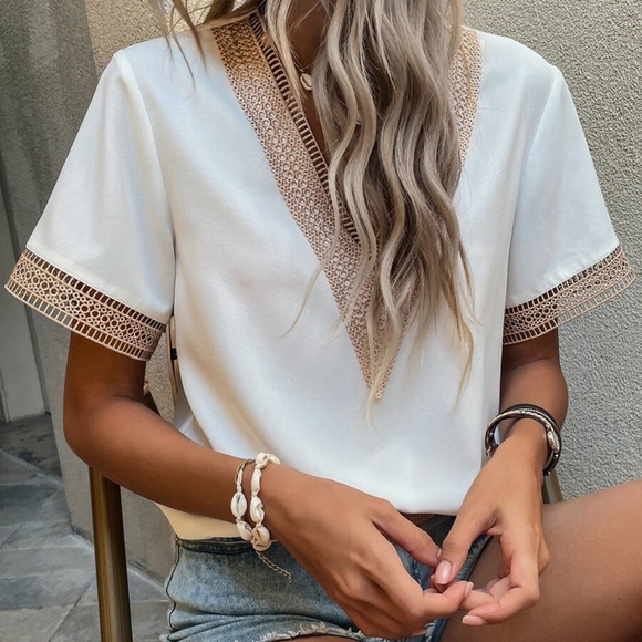 Boho V neck Lace Solid Minimalist Blouse - Picture 8 of 12